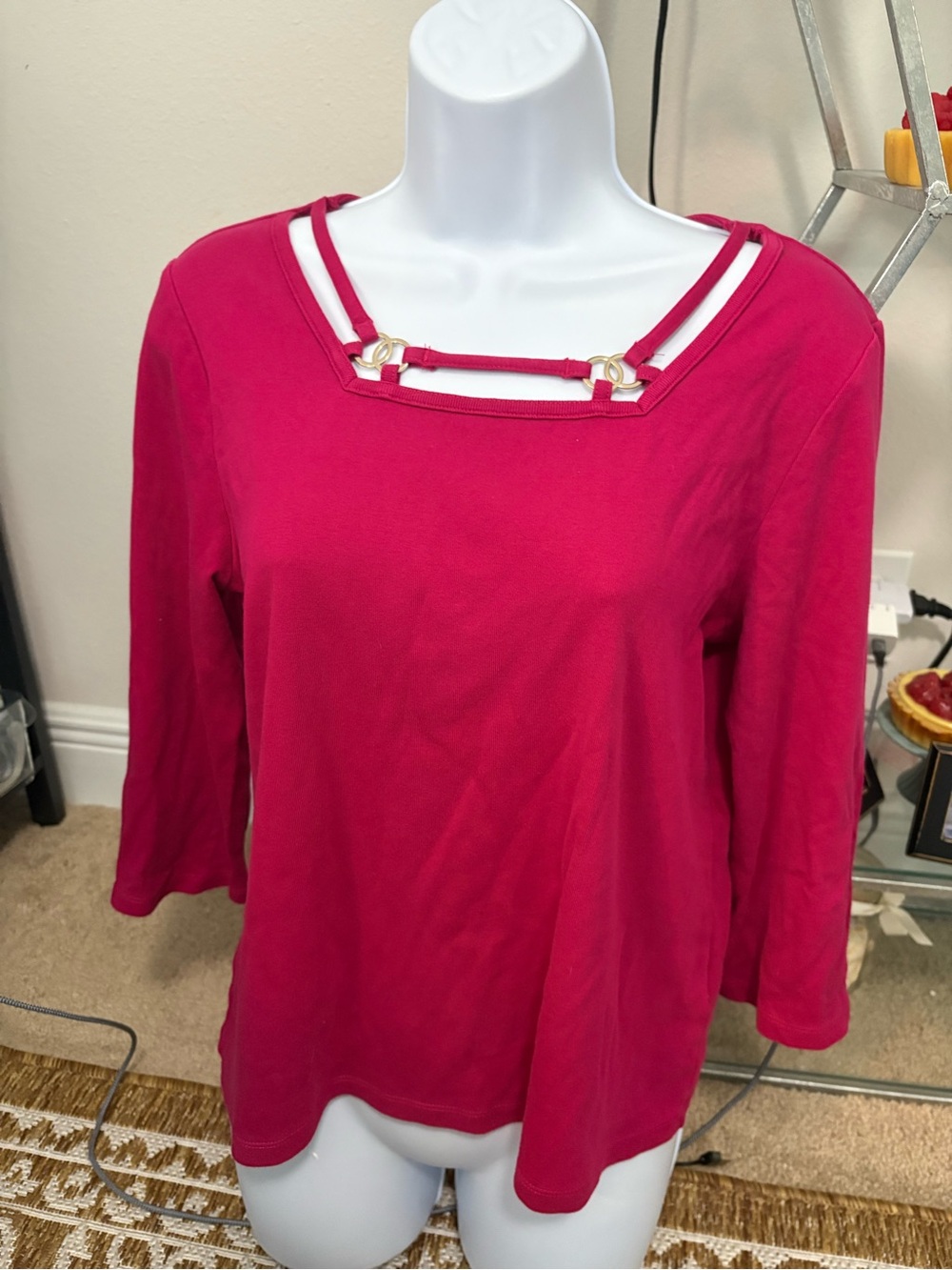 Rafaella Womens 3/4 silver embelished boatneck top size med magenta pink